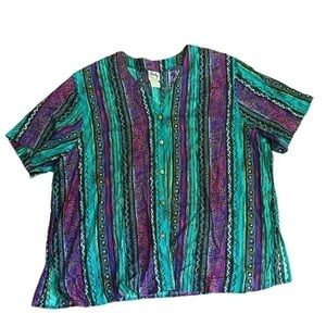 Vintage Tapestry Button Down Short Sleeve Shirt - Womens  Size 3X - Purple Green
